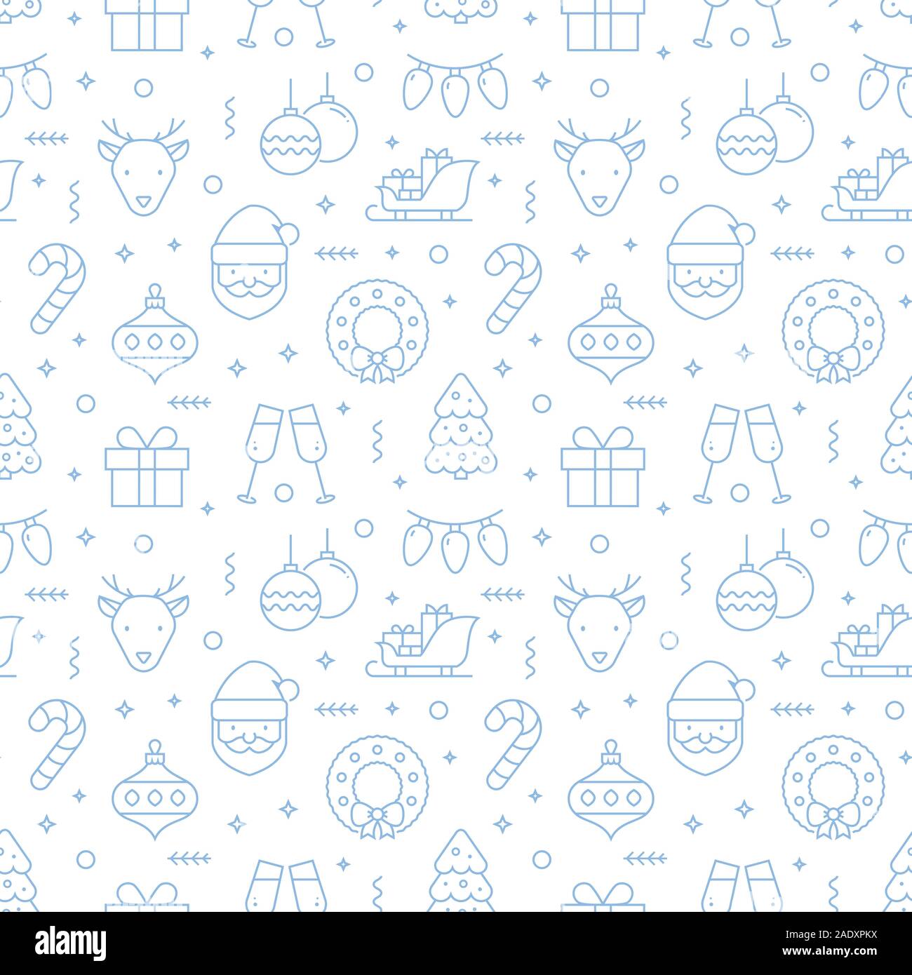 Christmas seamless pattern with line icons. Vector illustration with pale blue holiday symbols on a white background. Stock Vector