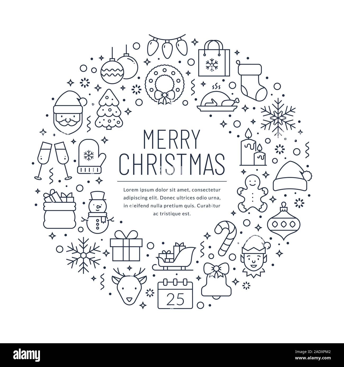 Merry Christmas banner with holiday line icons. White background with black outline symbols. Vector greeting card. Stock Vector
