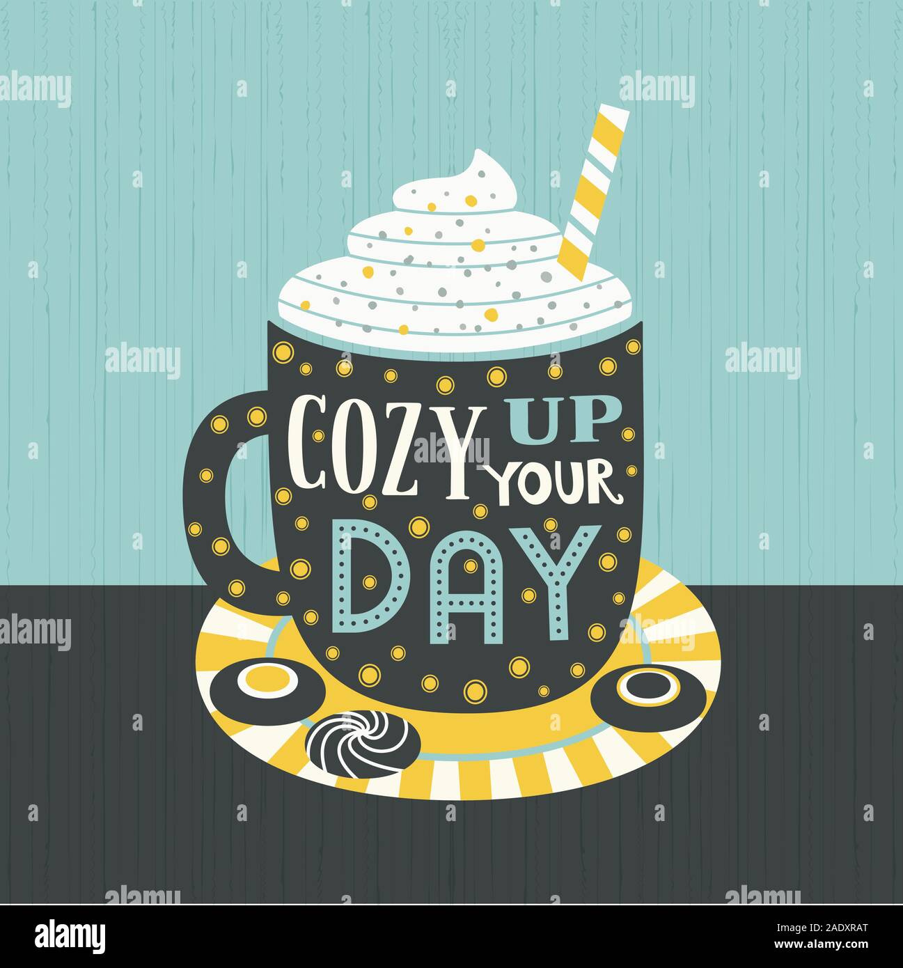 Hot cocoa mug whipped cream flat vector poster Stock Vector