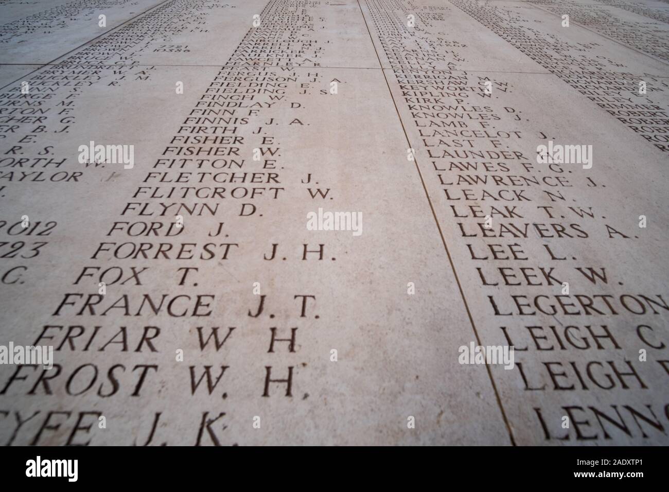 Names of the missing inscribed on the interior of the Menin Gate, Ypres Stock Photo
