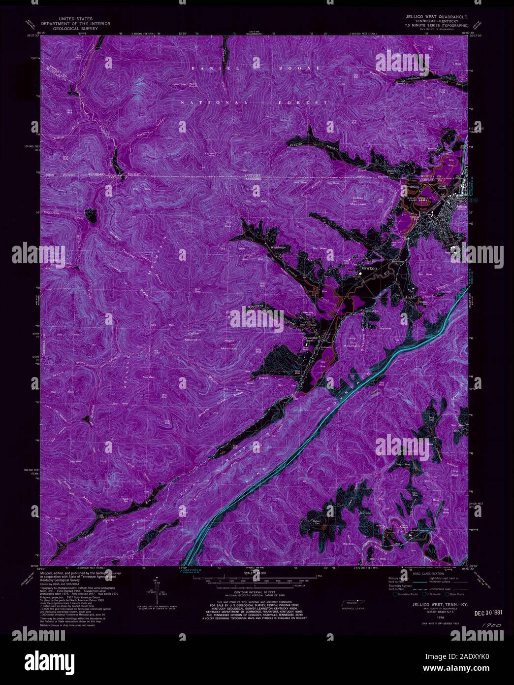 USGS TOPO Map Tennessee TN Jellico West 147852 1979 24000 Inverted Restoration Stock Photo