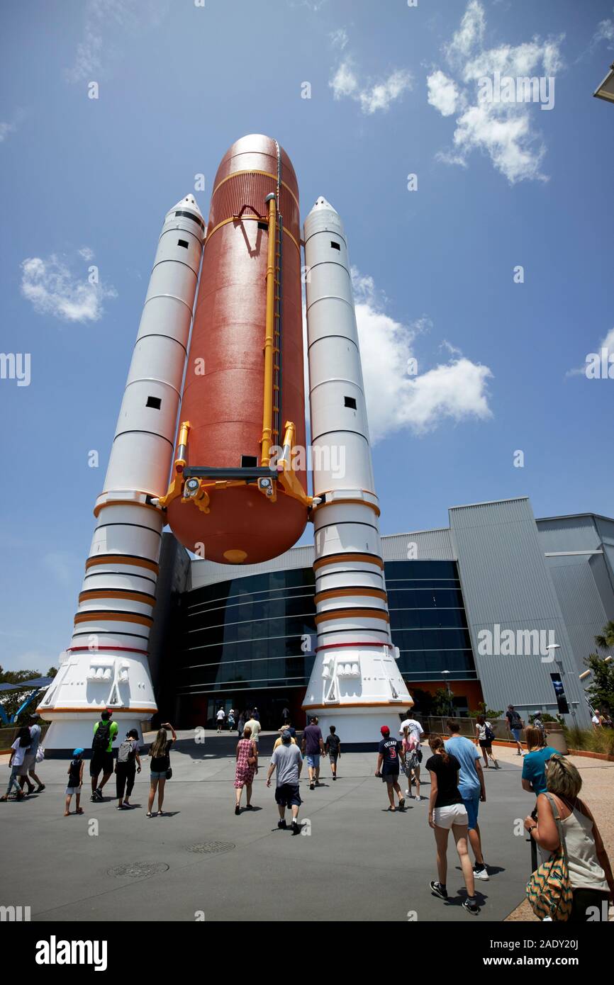 replica space shuttle fuel tank and solid rocket boosters at kennedy space center florida usa Stock Photo