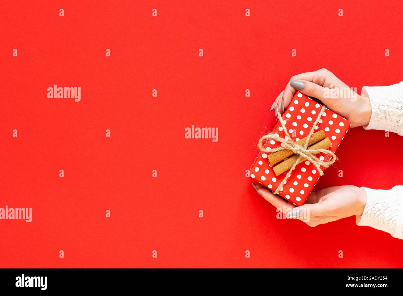 Girl holds red gift box in polka dots with cinnamon on a red background, merry christmas and happy new year concept, flat lay, top view Stock Photo