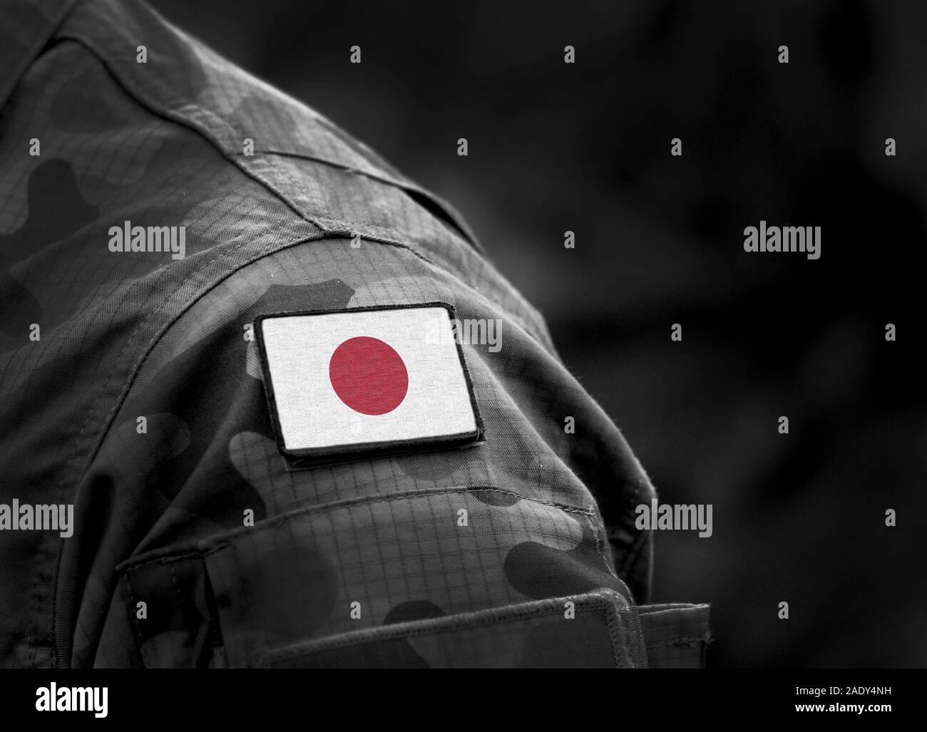 Flag of Japan on military uniform. Army, troops, soldier (collage). Stock Photo