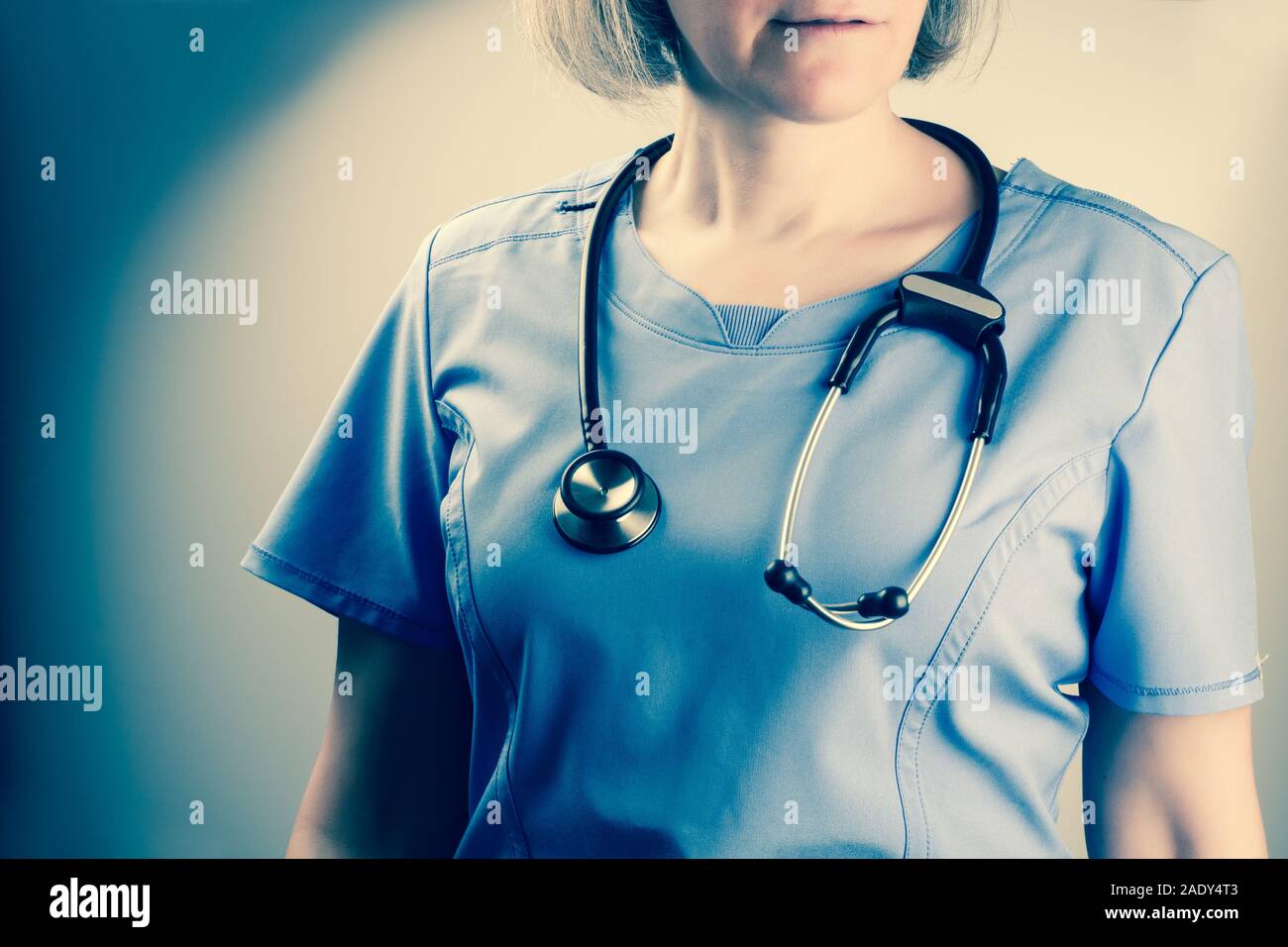 Closeup on a mature nurse with stethoscope Stock Photo