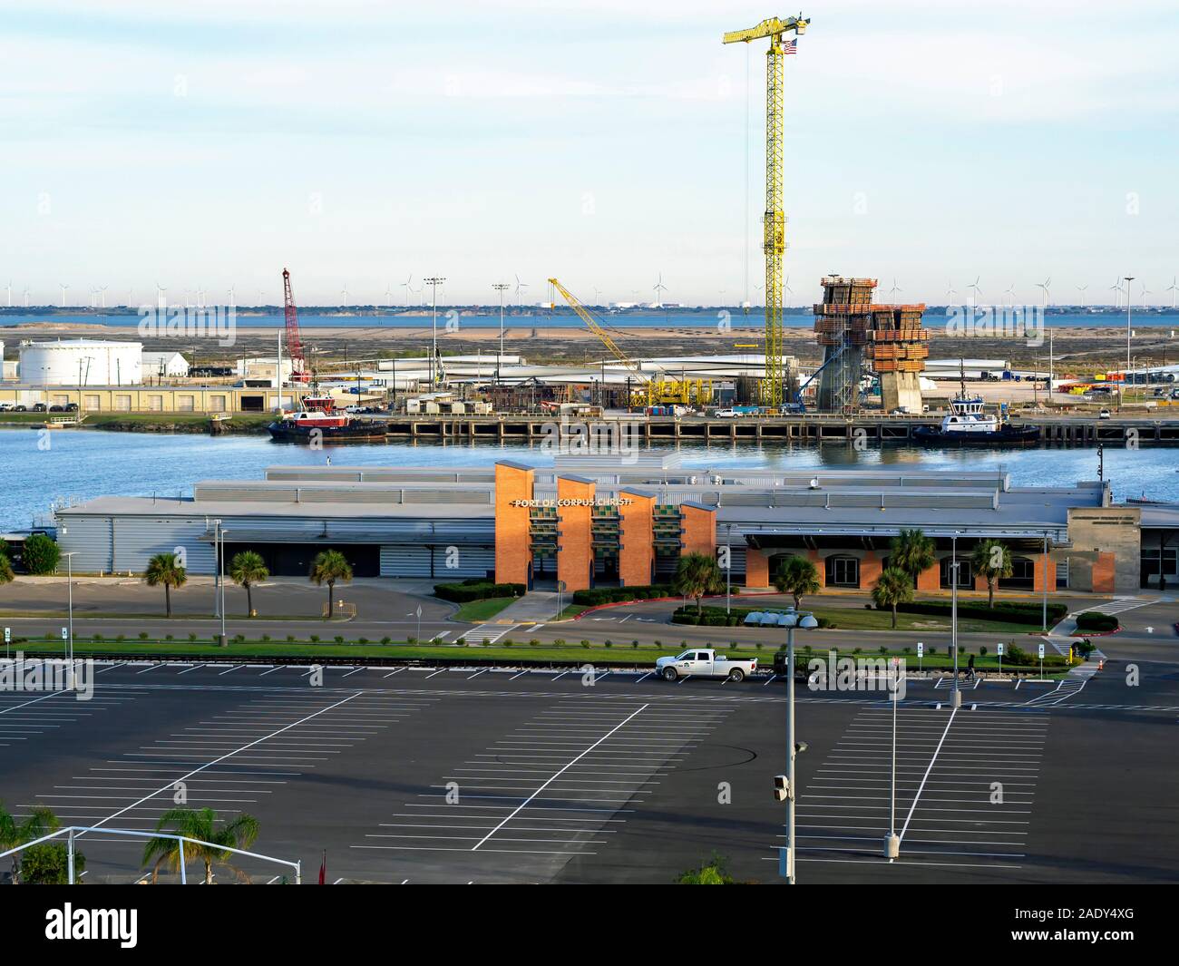 Elevated view of the Port of Corpus Christi, Texas USA with the Congressman Solomon P. Ortiz International Center in the foreground. Stock Photo