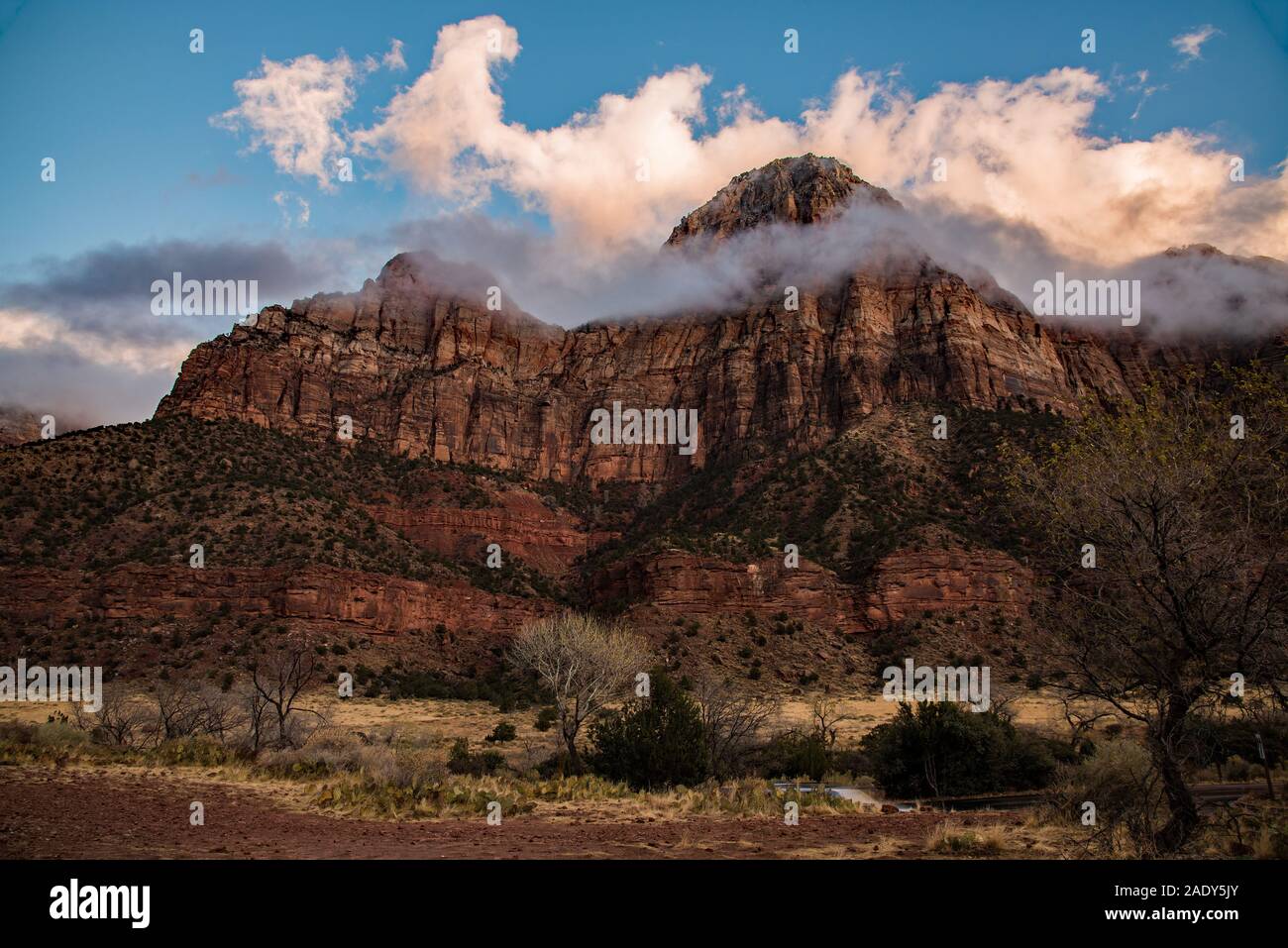 Zions National Park in winter.  Zions Park provides endless vistas and scenic views.  The dramatic mood of the canyon changes with each season. Stock Photo