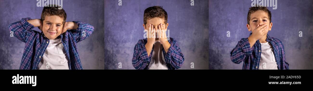 Little boy representing the three wise monkeys Stock Photo