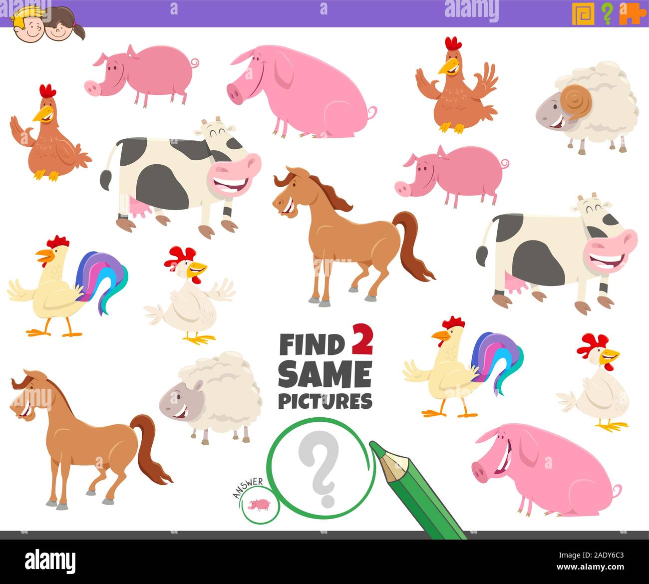 Cartoon Illustration of Finding Two Same Pictures Educational Activity ...