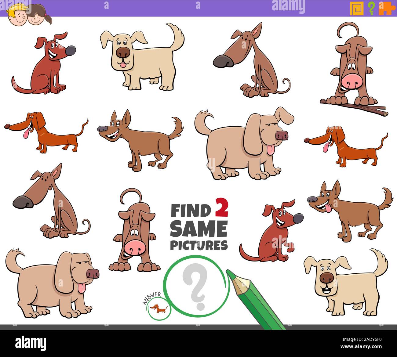 Cartoon Illustration Of Finding Two Same Pictures Educational Activity Game For Children With Dogs Pet Animal Characters Stock Vector Image Art Alamy