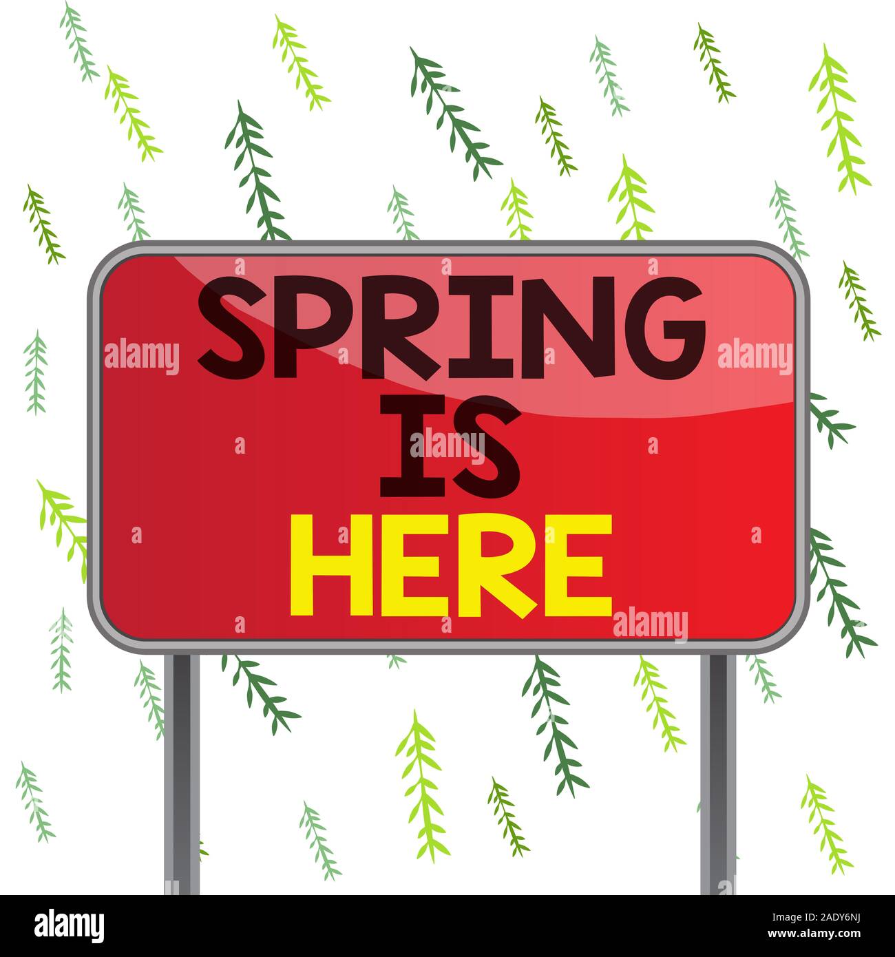 Handwriting text Spring Is Here. Conceptual photo After winter season has arrived Enjoy nature flowers sun Board ground metallic pole empty panel plan Stock Photo