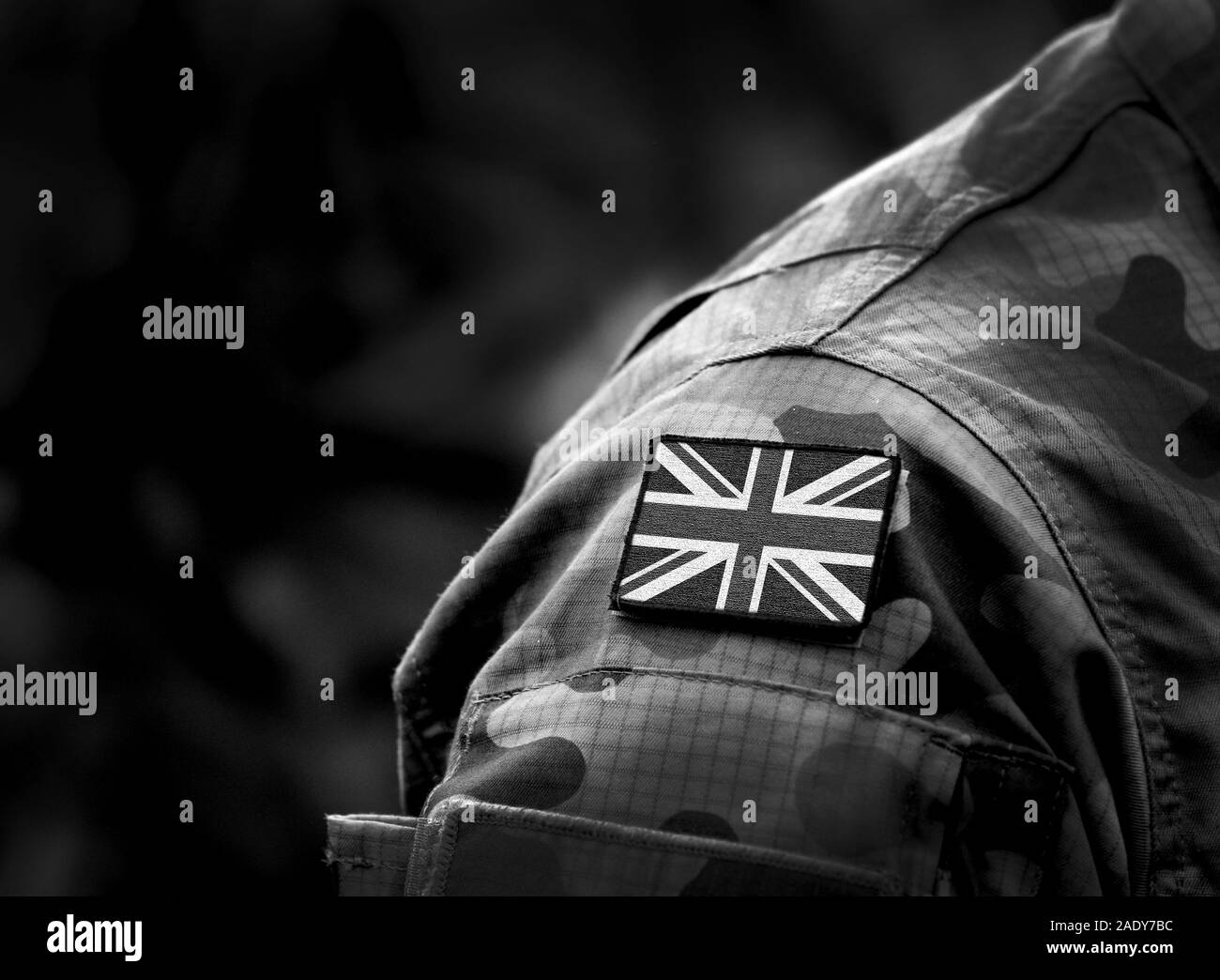 Flag of United Kingdom on military uniform. UK Army. British Armed Forces, soldiers. Collage. Stock Photo