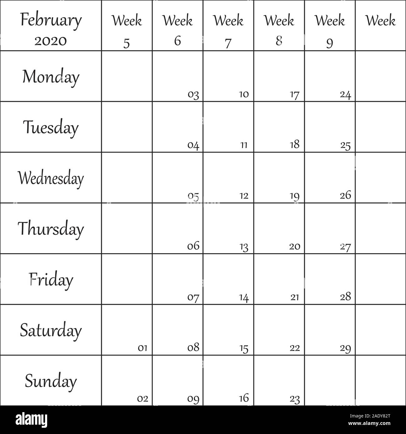 February 2020 Planner with number for each Weak black on transparent ...