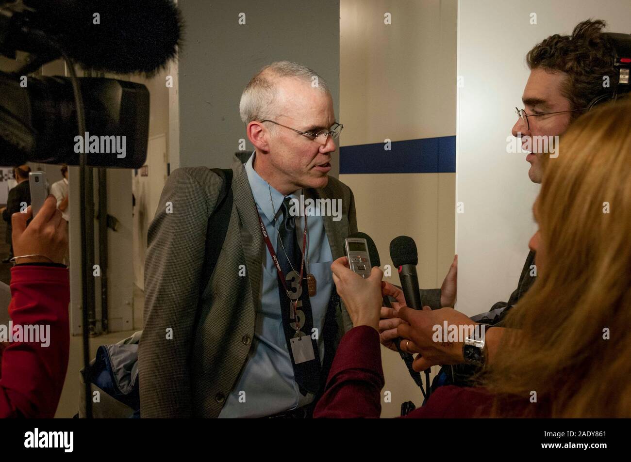 Author and environmentalist Bill McKibben is interviewed by journalists in the Bella Center, Copenhagen, Denmark during COP 15 climate conference. Stock Photo