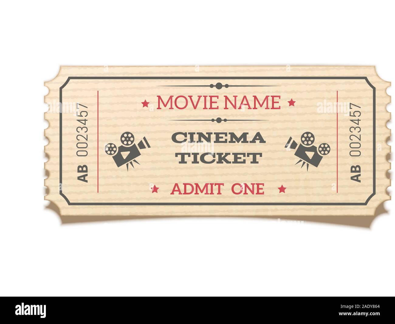 Realistic retro movie ticket isolated on white background. Stock Vector