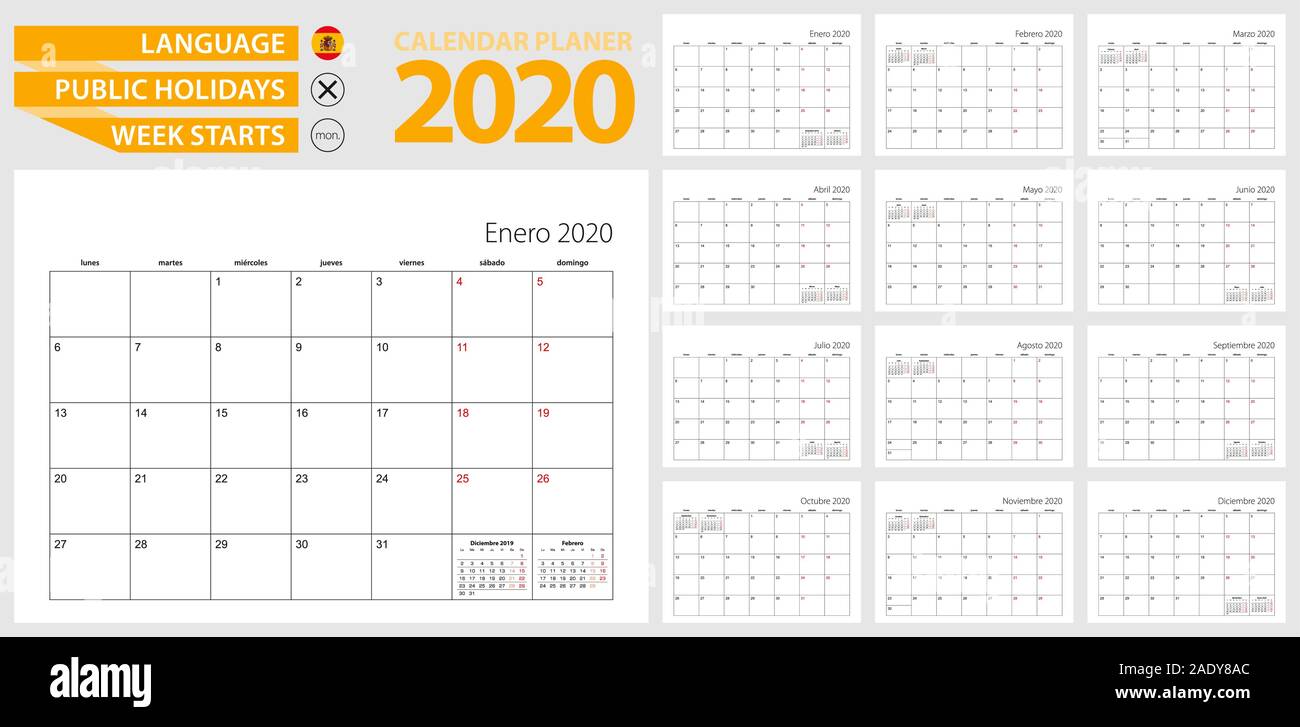 Spanish calendar planner for 2020. Spanish language, week starts from