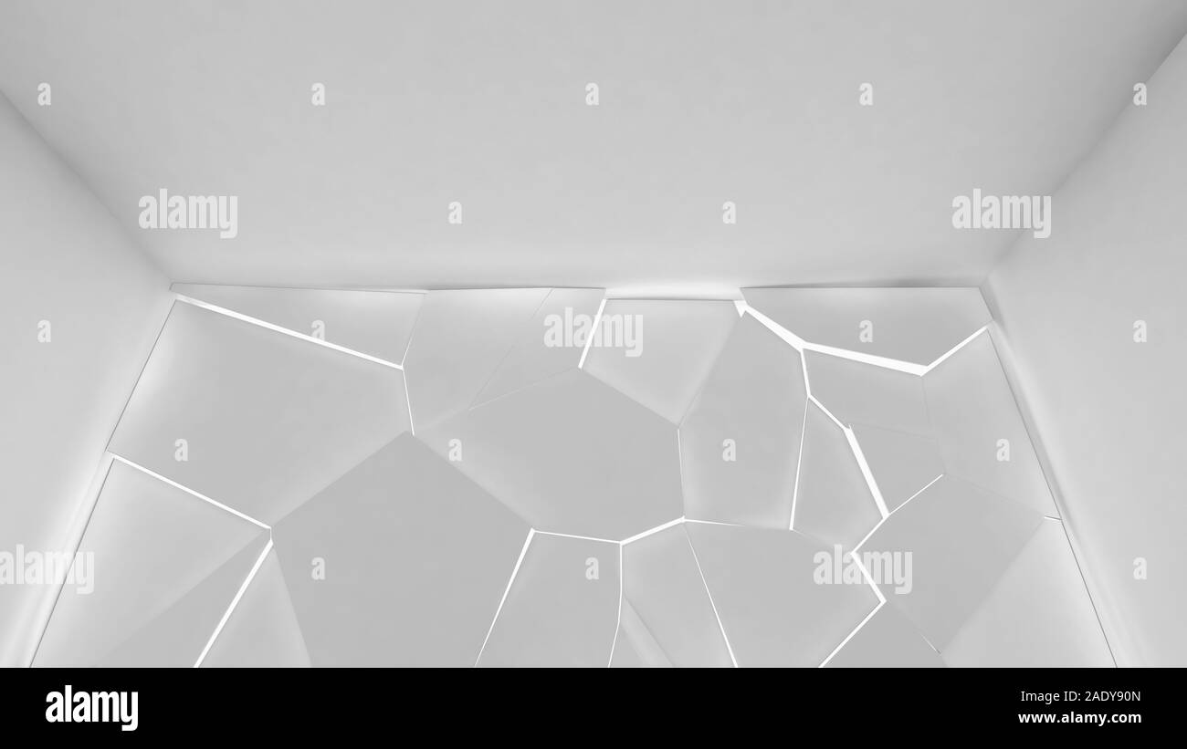 Abstract white interior fragment with polygonal relief lighting panel ...