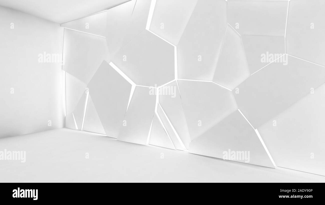 Abstract empty white interior with polygonal relief lighting panel on ...