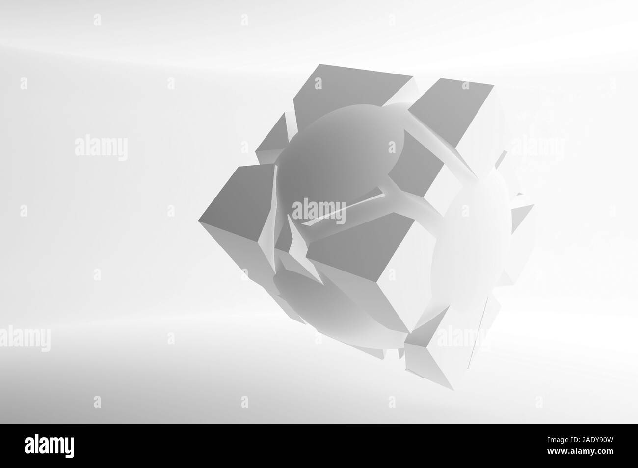 Abstract white flying object with chaotic fragmentation is in an empty ...