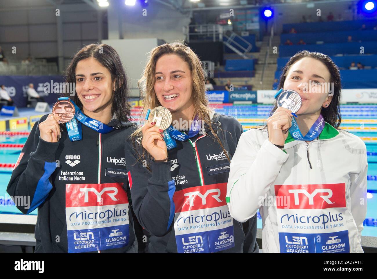 Italy S Rita Martina Caramignoli Bronze Italy S Simona Quadarella Gold And Hungary S Ajna Kesely Silver After The Medal Ceremony For The Women S 800m Freestyle During The European Short Course Swimming Championships At Tollcross