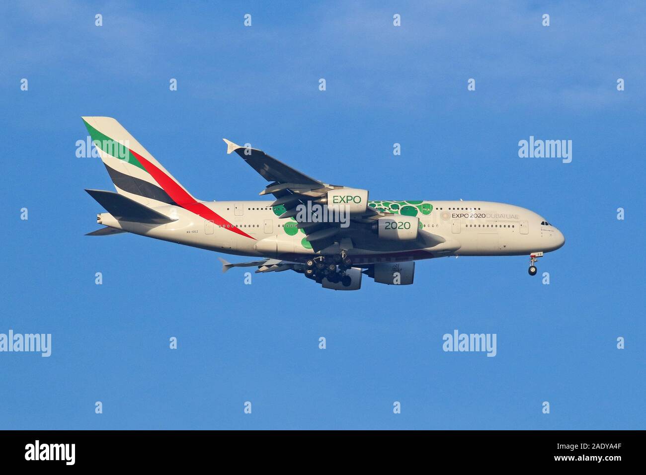 Emirates Airbus A380 aircraft A7-EEZ in Expo 2020 colours on approach to London Heathrow Airport Stock Photo