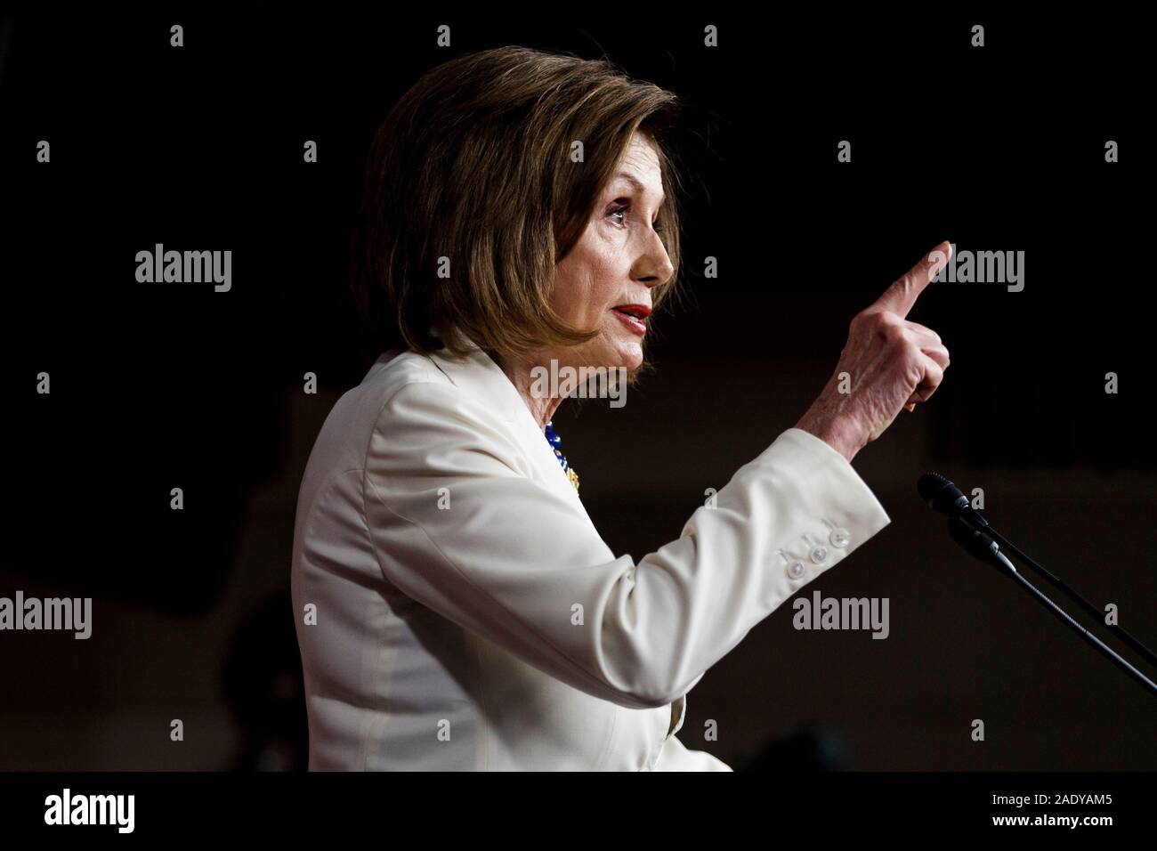 Washington, USA. 5th Dec, 2019. U.S. House Speaker Nancy Pelosi gestures during a press conference on Capitol Hill in Washington, DC, the United States, on Dec. 5, 2019. Nancy Pelosi has greenlighted the drafting of articles of impeachment against President Donald Trump, as the White House braces for a Senate trial. Credit: Ting Shen/Xinhua/Alamy Live News Stock Photo