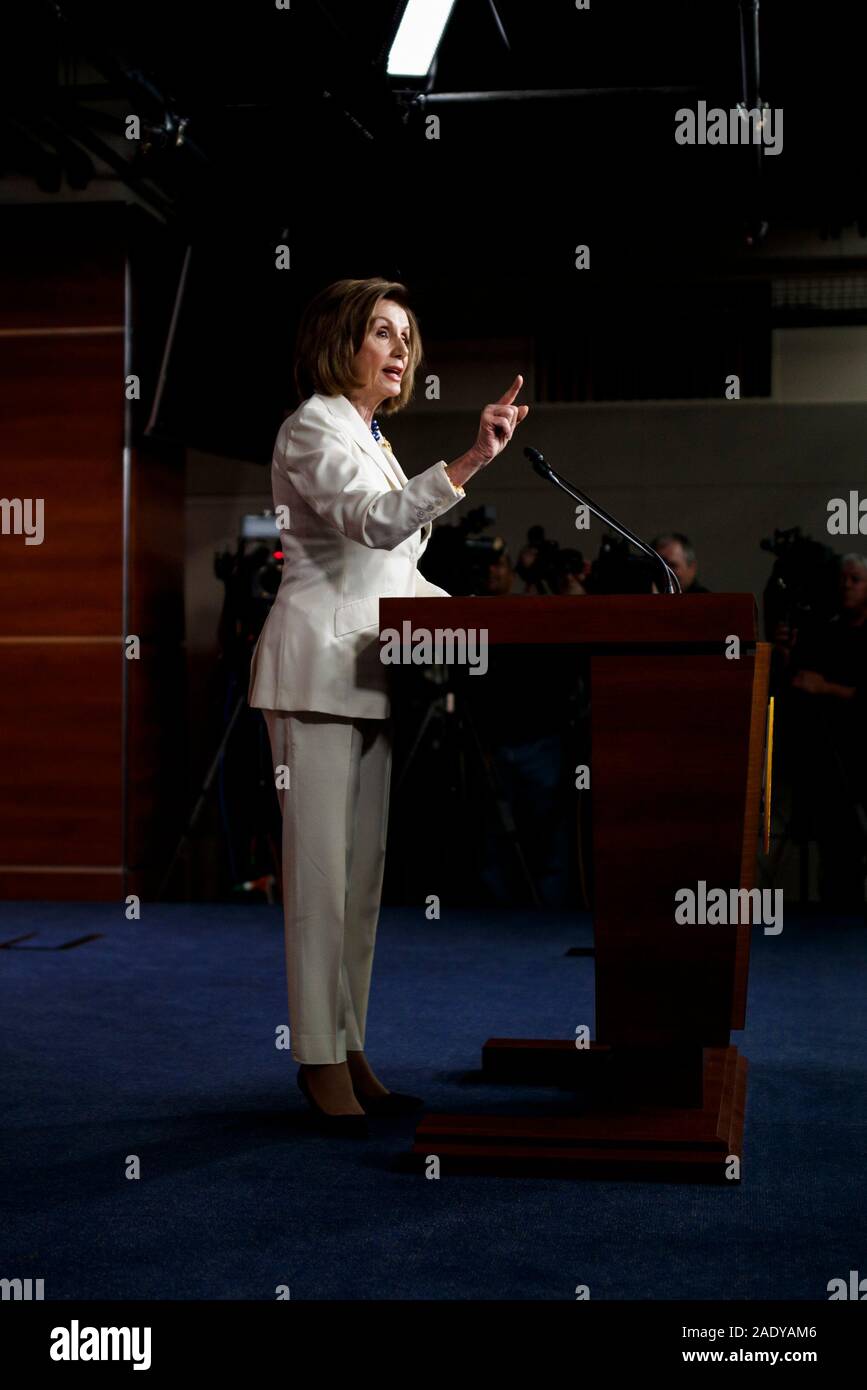 Washington, USA. 5th Dec, 2019. U.S. House Speaker Nancy Pelosi speaks during a press conference on Capitol Hill in Washington, DC, the United States, on Dec. 5, 2019. Nancy Pelosi has greenlighted the drafting of articles of impeachment against President Donald Trump, as the White House braces for a Senate trial. Credit: Ting Shen/Xinhua/Alamy Live News Stock Photo