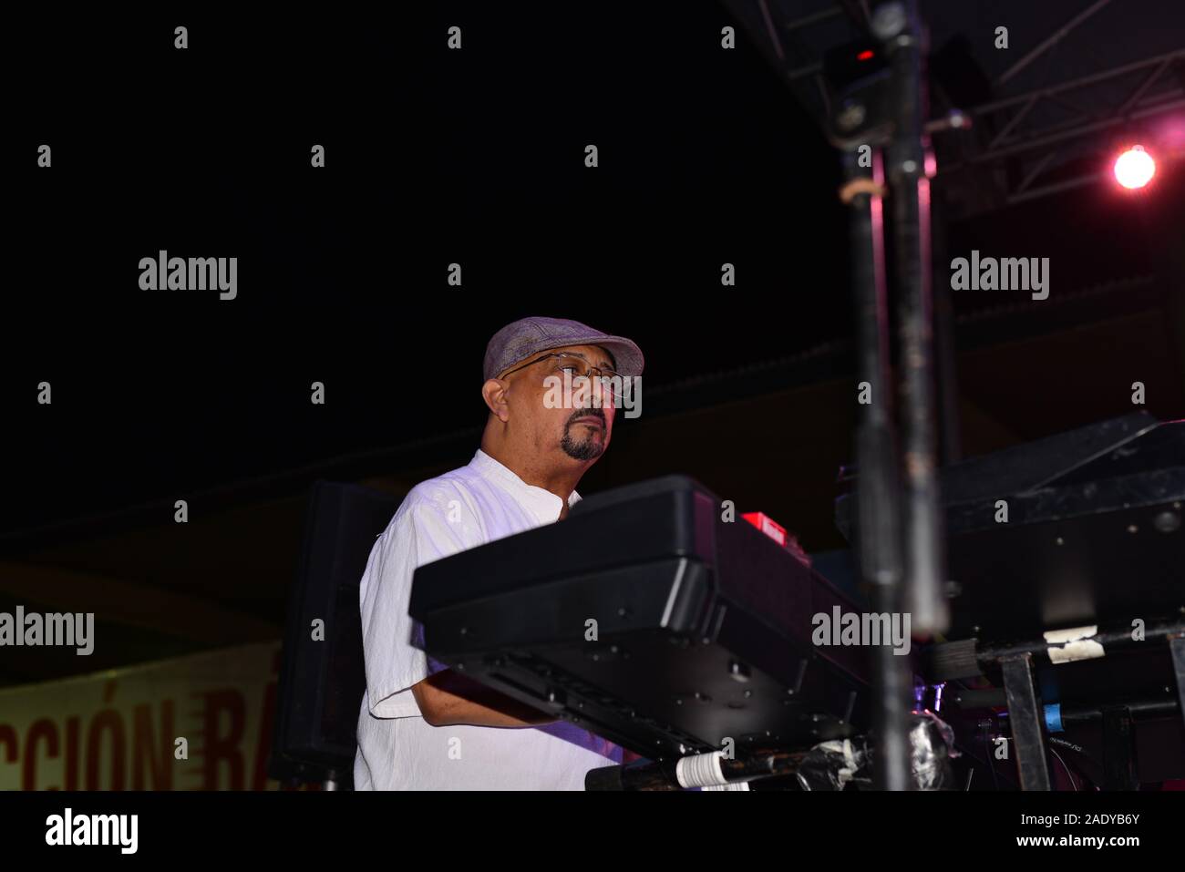 21 December 2013- San Juan, PUERTO RICO. Puerto Rican pianist Papo Lucca performing with the Sonora Ponceña in San Juan. Stock Photo
