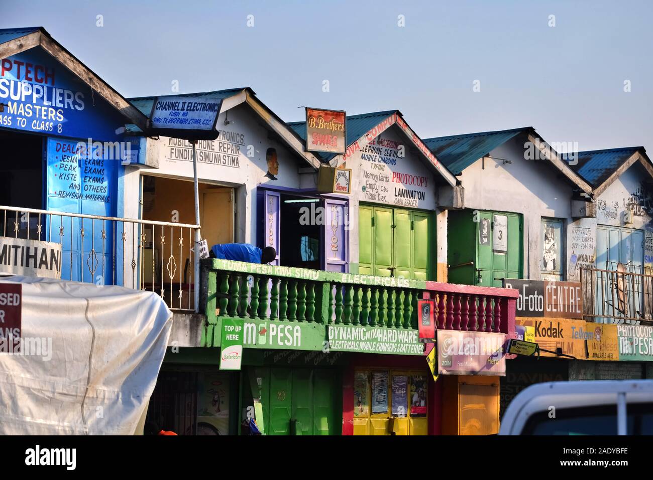 Small colourful shops in Mombasa, Kenya Stock Photo