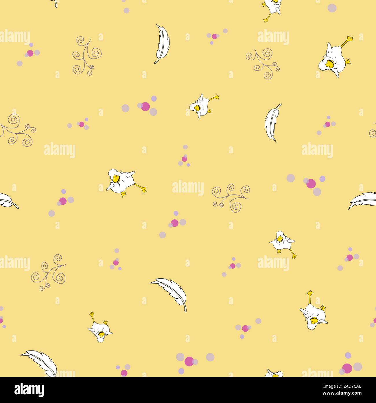 Duck running, doodles, dots and feathers, seamless repeat vector. surface pattern design Stock Vector