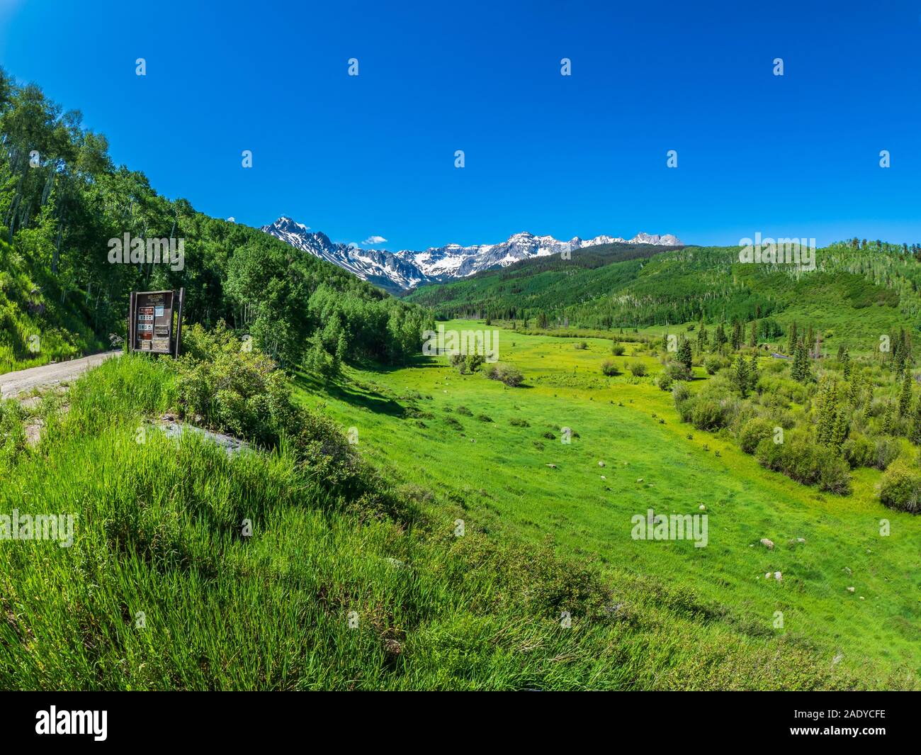 Long meadow, Dallas Creek Road, County Road 7, San Juan Mountains near Ridgway, Colorado. Stock Photo