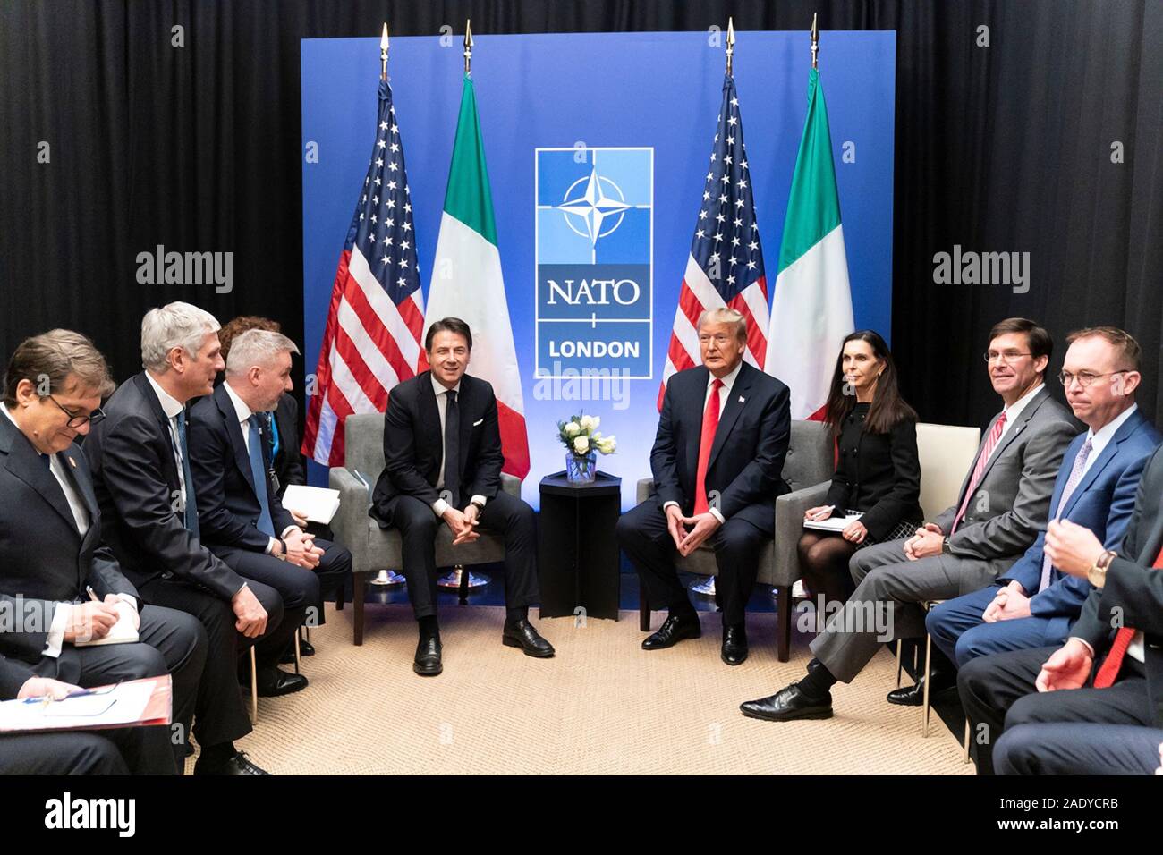 U.S. President Donald Trump holds a bilateral meeting with Italian Prime Minister Giuseppe Conti on the sidelines of the NATO Summit December 4, 2019 in Watford, Hertfordshire, United Kingdom. Stock Photo