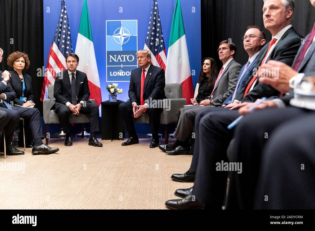 U.S. President Donald Trump holds a bilateral meeting with Italian Prime Minister Giuseppe Conti on the sidelines of the NATO Summit December 4, 2019 in Watford, Hertfordshire, United Kingdom. Stock Photo