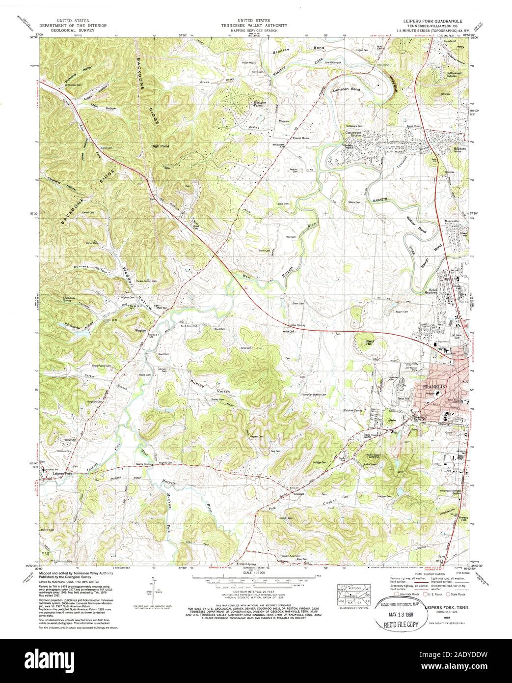 USGS TOPO Map Tennessee TN Leipers Fork 148532 1981 24000 Restoration Stock Photo