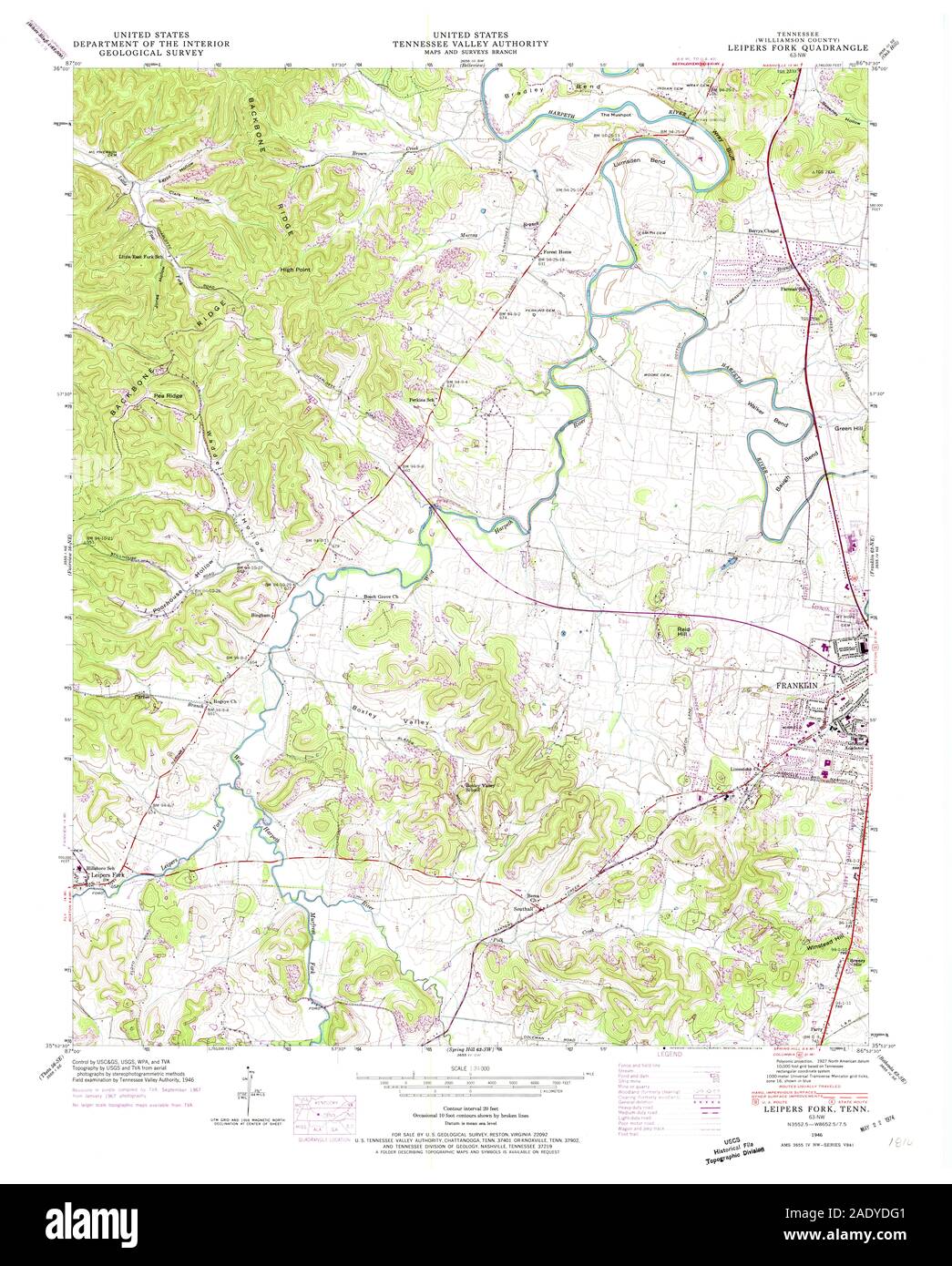 USGS TOPO Map Tennessee TN Leipers Fork 150002 1946 24000 Restoration Stock Photo