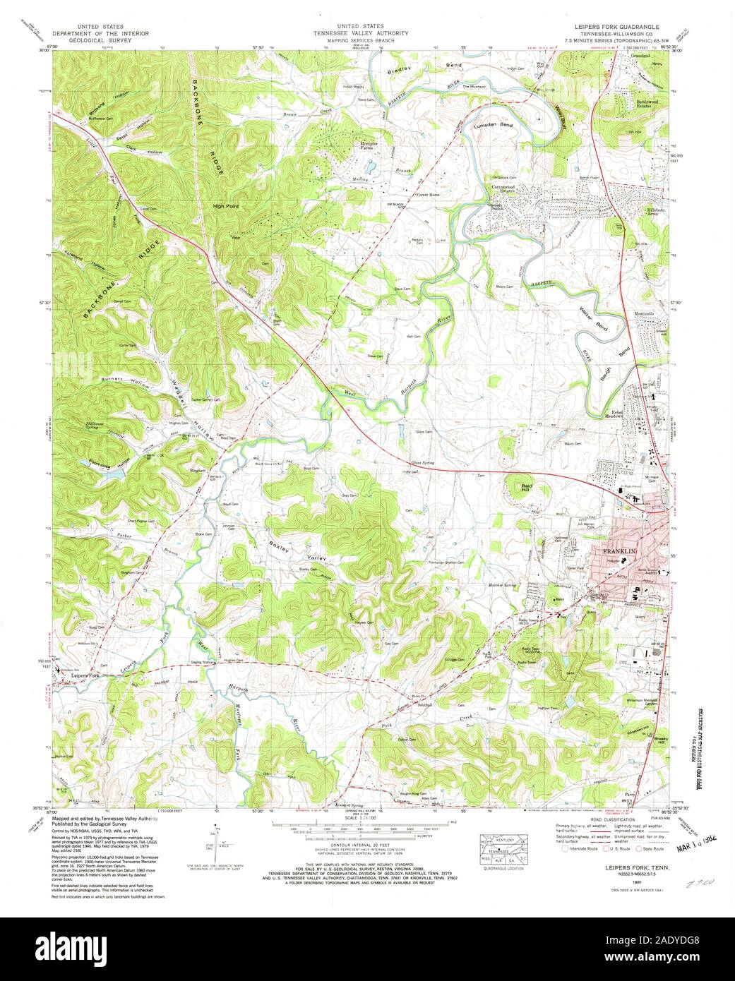 USGS TOPO Map Tennessee TN Leipers Fork 148533 1981 24000 Restoration Stock Photo