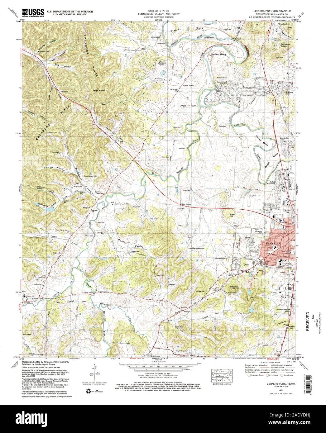 USGS TOPO Map Tennessee TN Leipers Fork 150004 1981 24000 Restoration Stock Photo