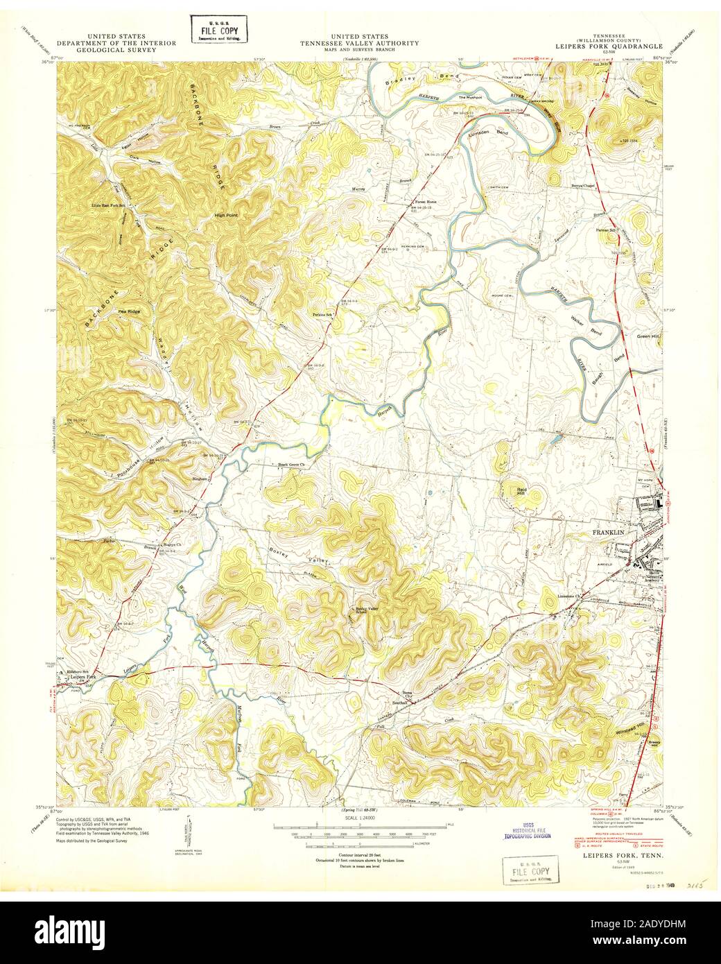 USGS TOPO Map Tennessee TN Leipers Fork 150003 1949 24000 Restoration Stock Photo