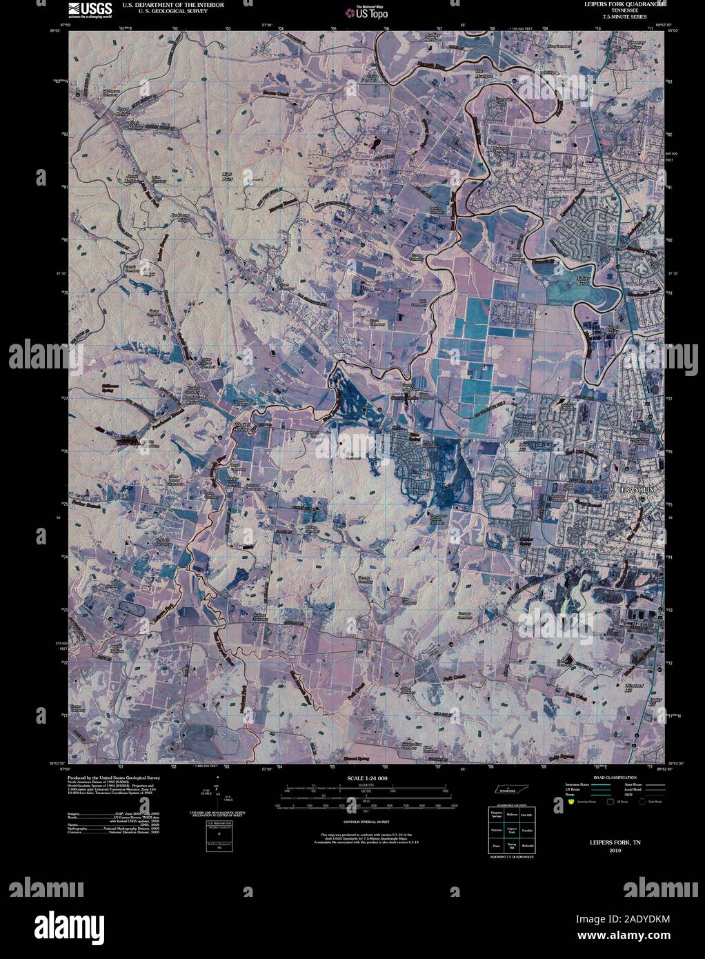 USGS TOPO Map Tennessee TN Leipers Fork 20100506 TM Inverted Restoration Stock Photo