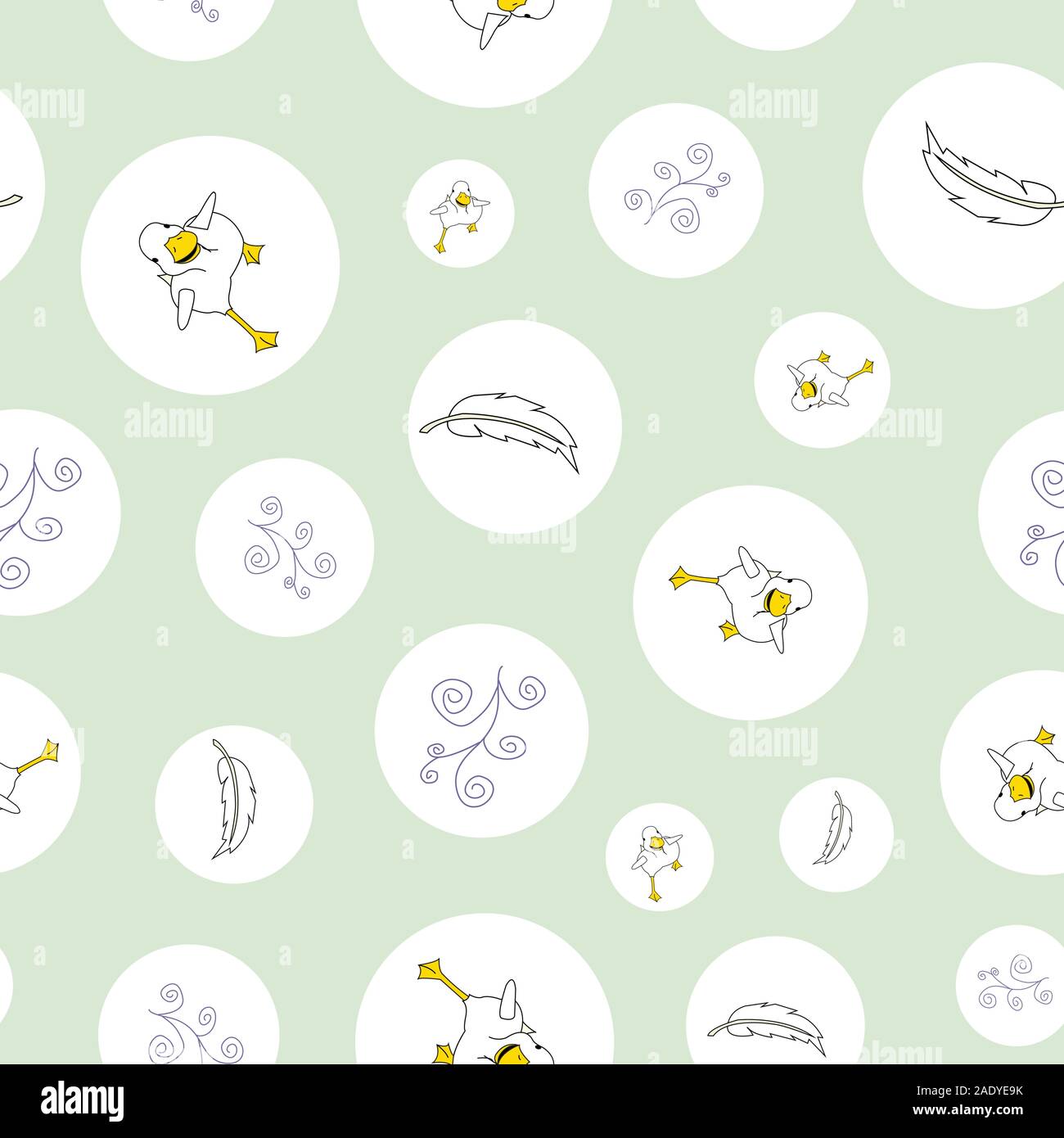 Duck in circles, running, doodles and feathers, seamless repeat vector, surface pattern desing Stock Vector