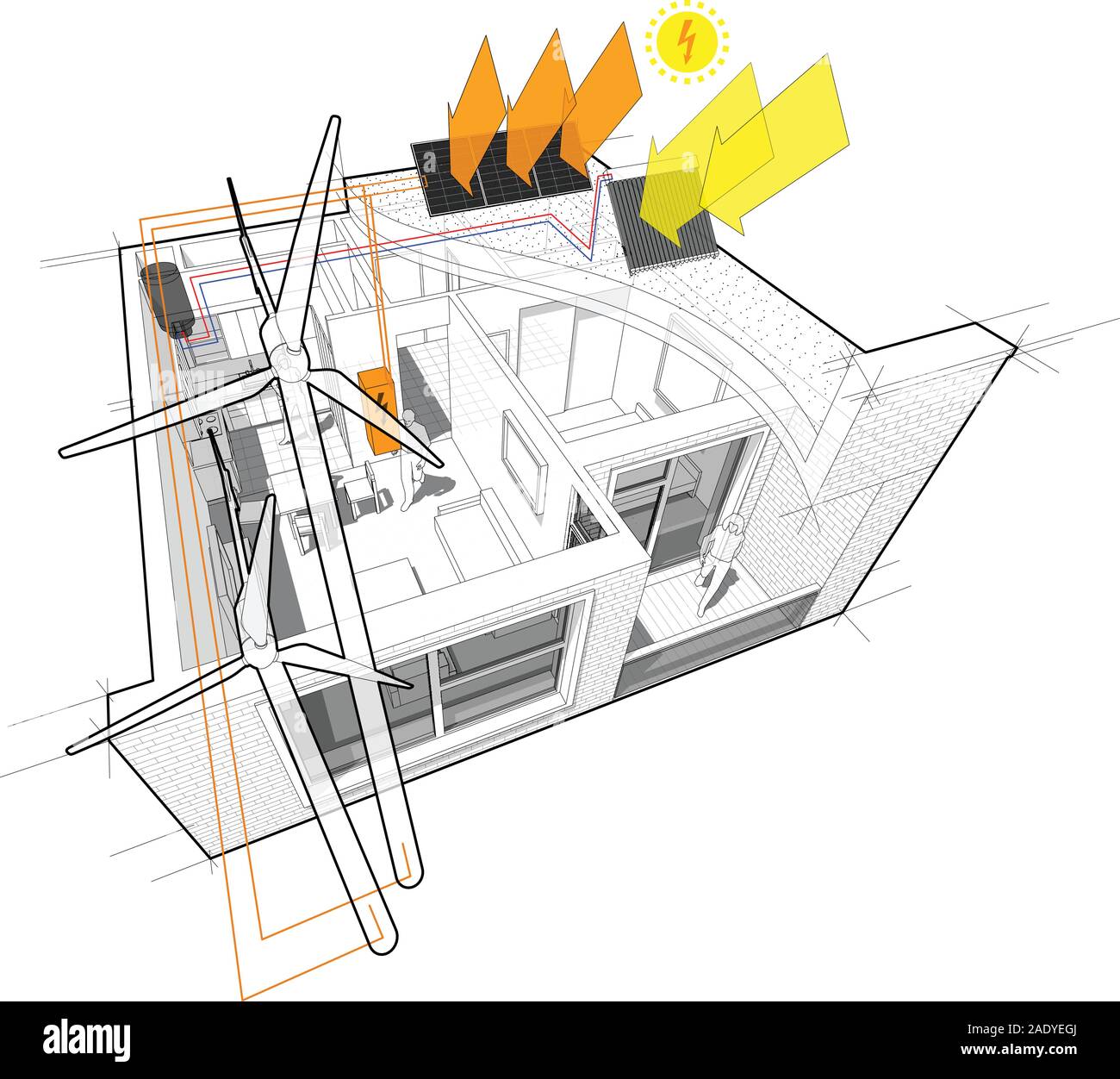 apartment  with flat roof cutaway over it with wind turbines and with additional solar water heating panels and photovoltaic panel and wind turbines Stock Vector