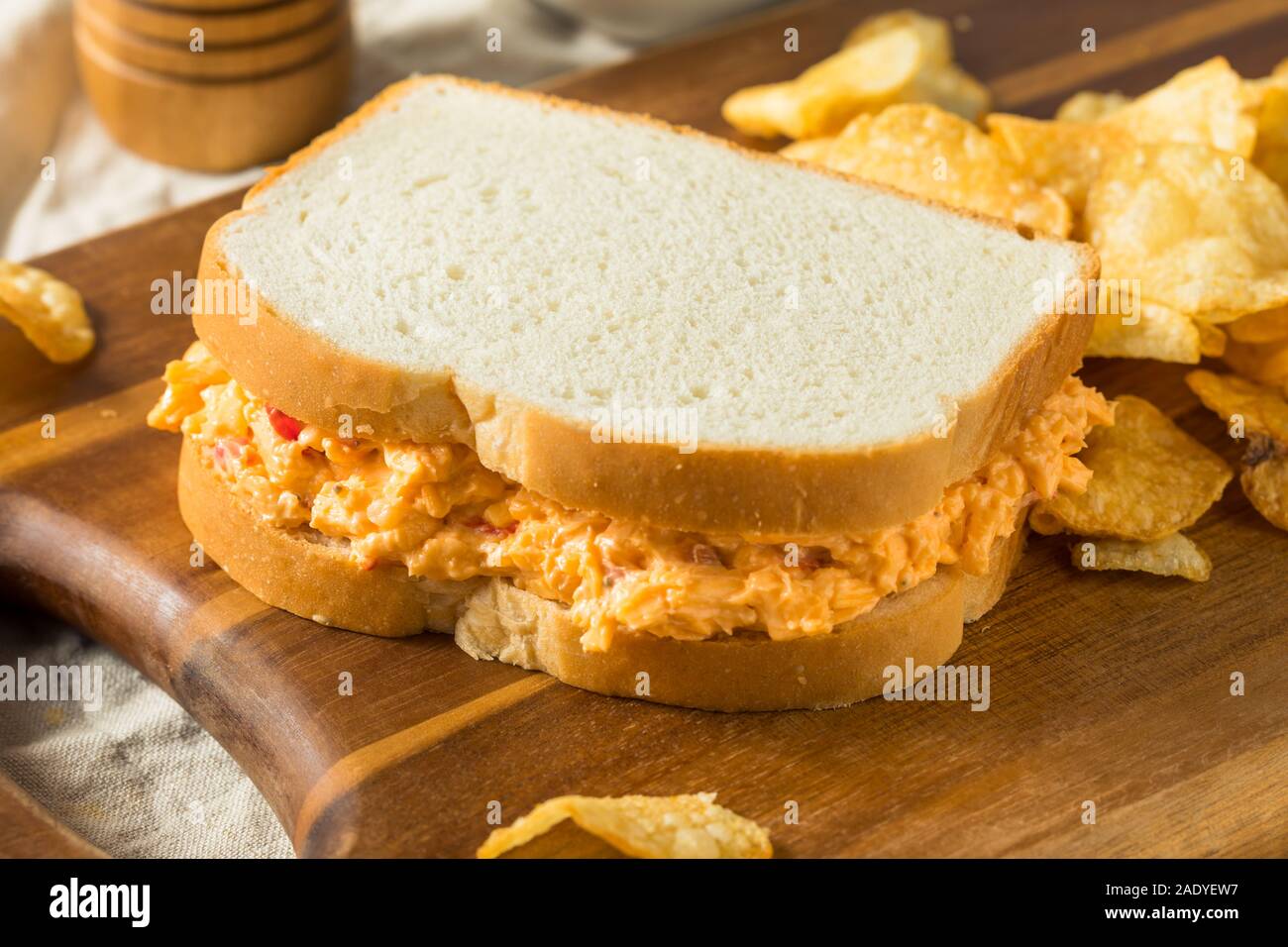 Homemade PImento Cheese Sandwich with Potato Chips Stock Photo