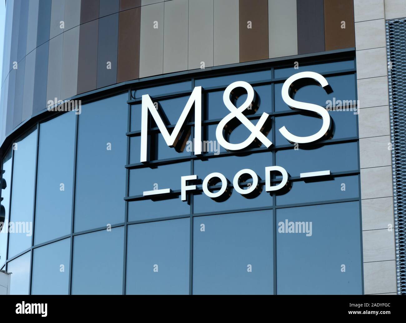 Chorley, Lancashire, England : M&S Food logo on a new store. Marks and Spencer. Stock Photo
