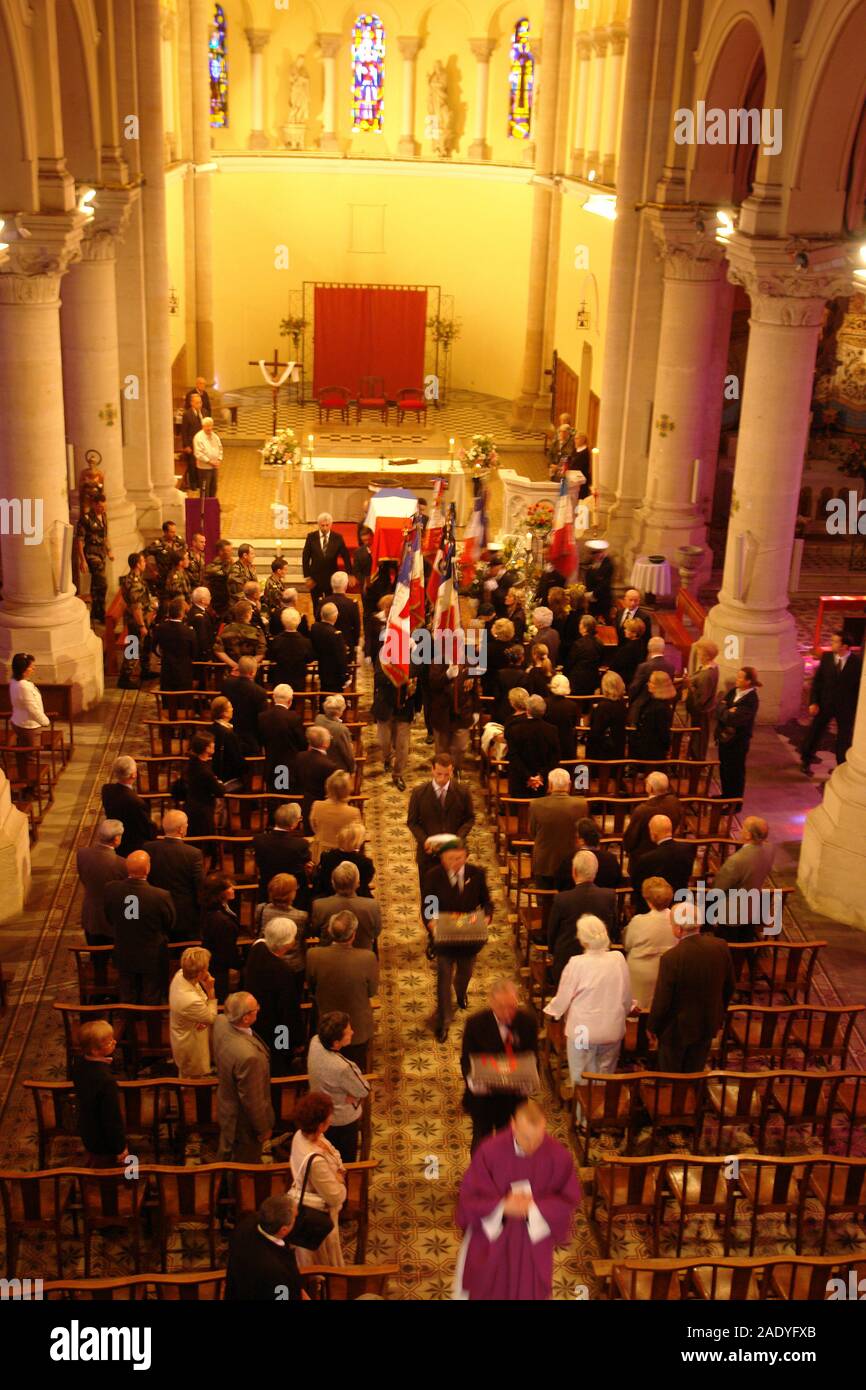 Funeral of a decorated admiral of the national navy at St Flavien’s Church with Military Honours and Veterans Affairs Stock Photo