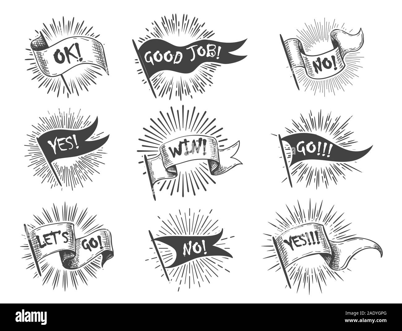 Vintage flag banner set. Hand drawn retro flags Ok, lets go, Yes, No scroll banners with starburst rays isolated. Vector illustration. Stock Vector