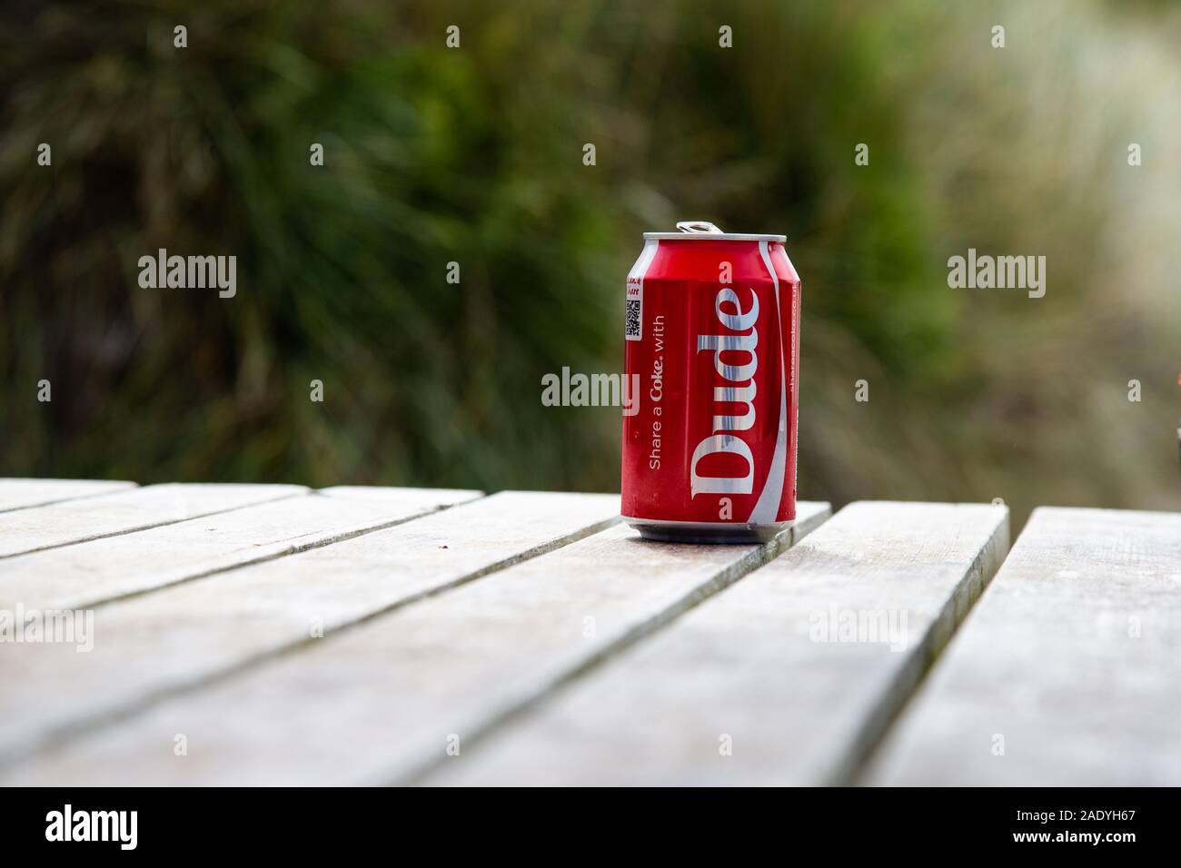 Dude Can of drink on the beach with sand and grass in the background Stock Photo