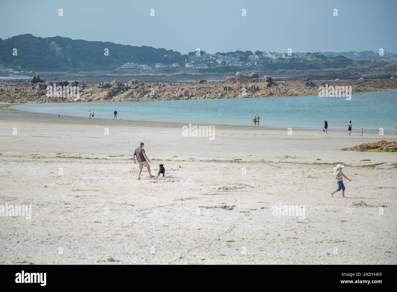 Man Walking/Playing with dog on the beach in the channel islands Stock Photo