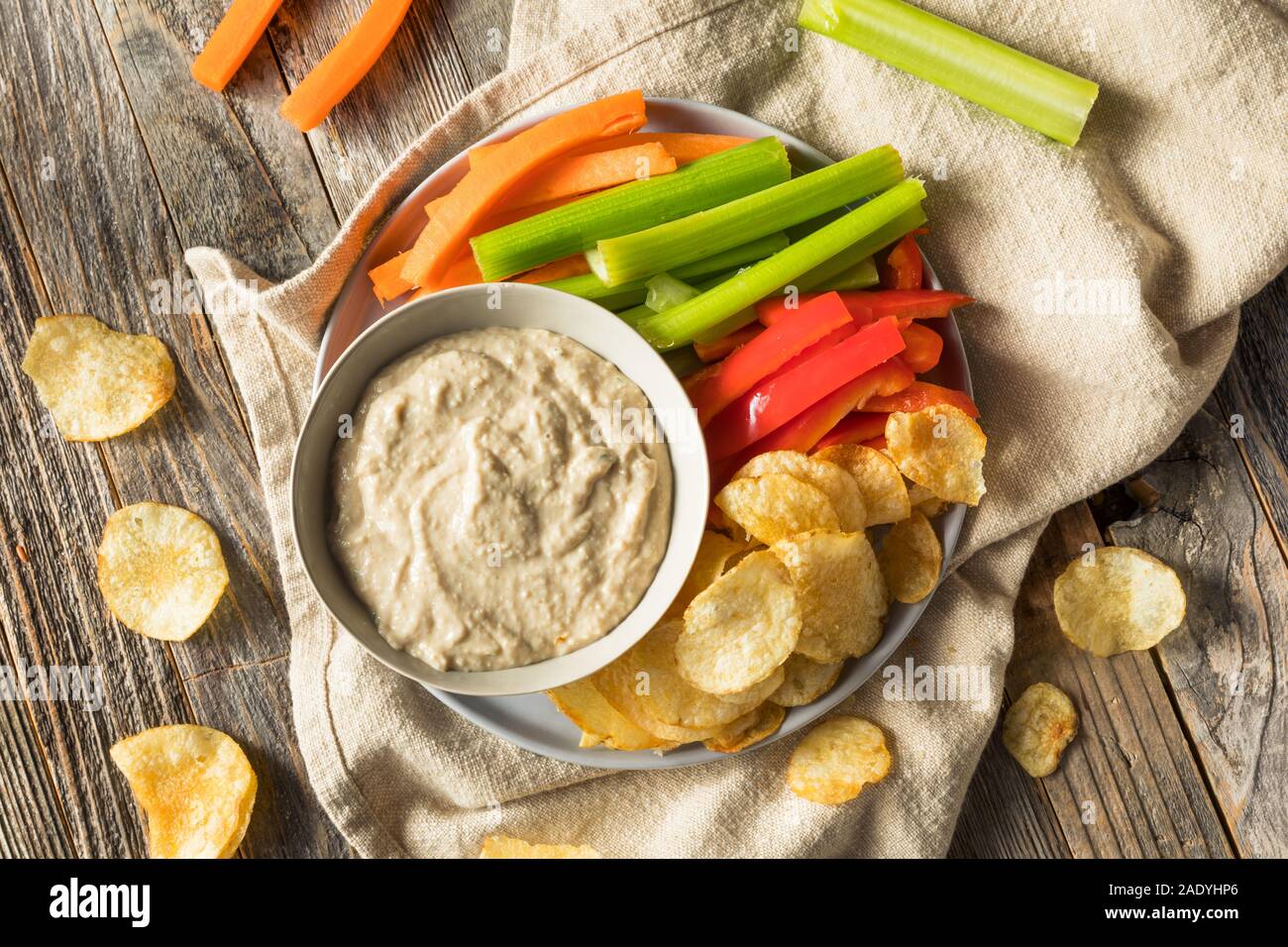Homemade Carmelized Onion Dip with Chips and Veggies Stock Photo Alamy