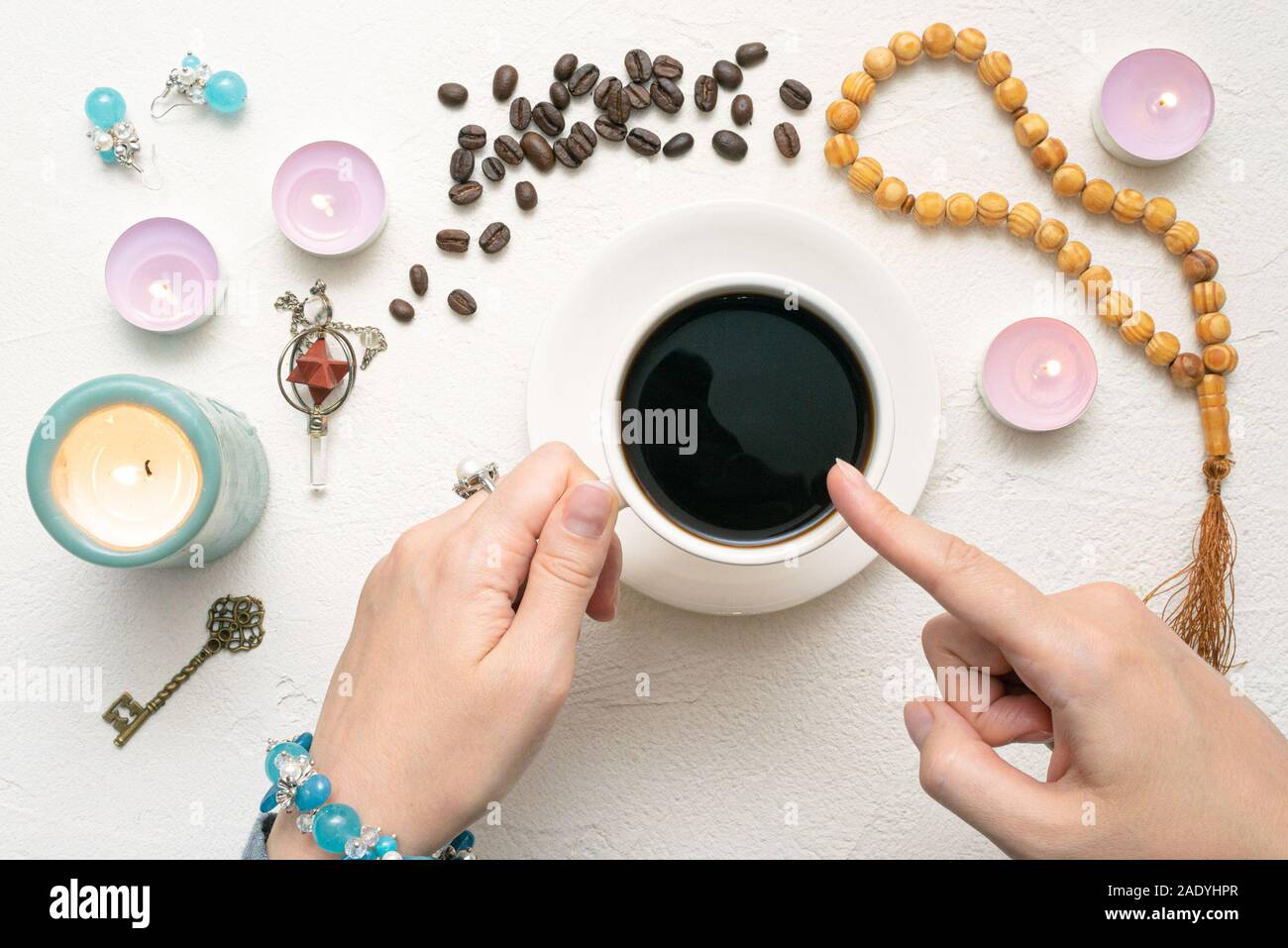 Coffee grounds fortune telling close up. Fortune teller with a cup of coffee Stock Photo Alamy