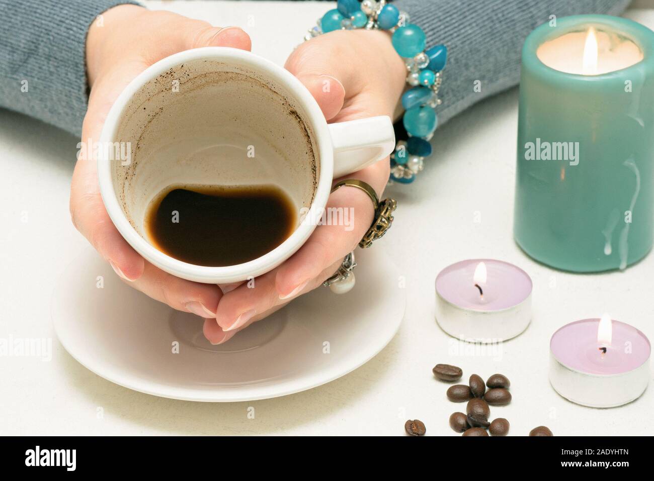 Coffee grounds fortune telling close up. Fortune teller with a cup of coffee Stock Photo Alamy
